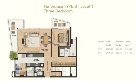 Gemini Splendor: Floor plan 3 Bedroom-Penthouse-Type B-level 1, 2,723 sq ft