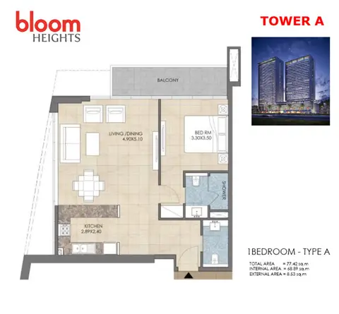 Bloom Heights: Floor plan Tower-A 1 Bedroom Type -A, 77 sq ft