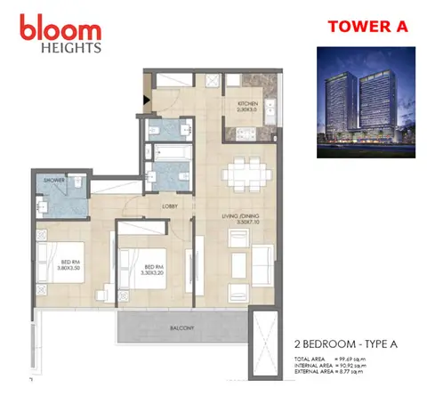 Bloom Heights: Floor plan Tower-A 2 Bedroom Type-A, 99 sq ft