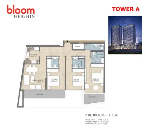 Bloom Heights: Floor plan Tower-A 3 Bedroom Type-A, 137 sq ft
