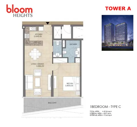Bloom Heights: Floor plan Tower-A 1 Bedroom Type-C, 69 sq ft
