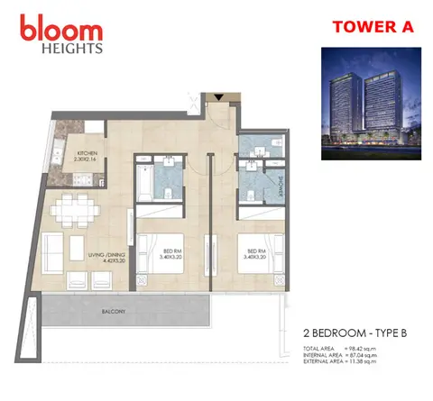 Bloom Heights: Floor plan Tower-A 2 Bedroom Type-B, 98 sq ft