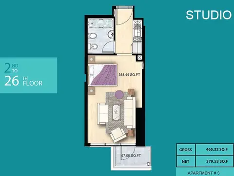 Al Manara Tower: Floor plan Floor Plan, 465 sq ft