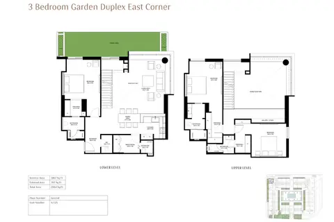 The Terraces: Floor plan 3-Bedroom-Garden-Duplex-East-Corner, Size-2264-Sq Ft, 2,264 sq ft