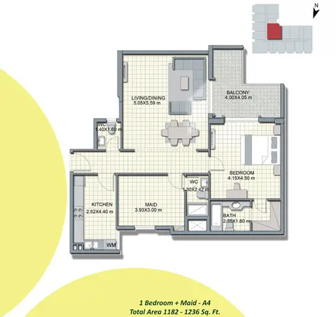 Alcove Apartments JVC: Floor plan 1-Bedroom+Maid-A4, Size-1182-to-1286-Sq Ft, 1,286 sq ft