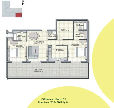 Alcove Apartments JVC: Floor plan 2-Bedroom+Store-B3, Size-1655-to-2166-Sq Ft, 1,655 sq ft