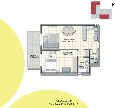 Alcove Apartments JVC: Floor plan 1-Bedroom-A1, Size-865-to-1048-Sq Ft, 865 sq ft