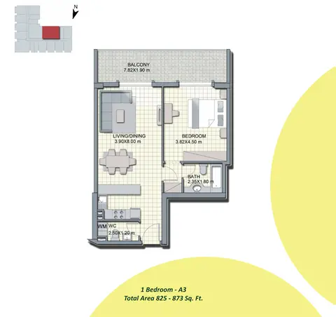 Alcove Apartments JVC: Floor plan 1-Bedroom-A3, Size-825-to-875-Sq Ft, 825 sq ft