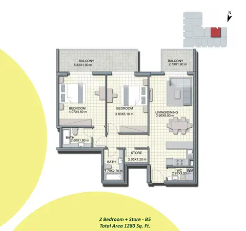 Alcove Apartments JVC: Floor plan 2-Bedroom+Store-B5, Size-1280-Sq Ft, 1,280 sq ft