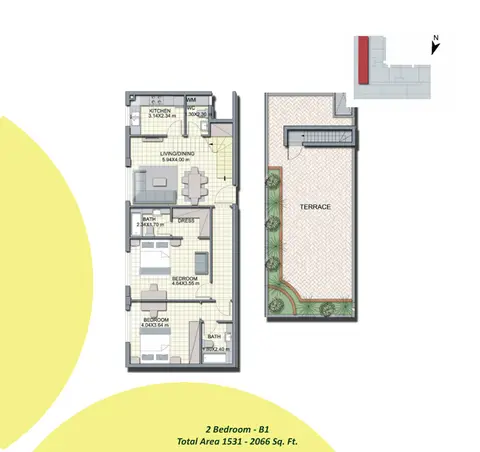 Alcove Apartments JVC: Floor plan 2-Bedroom-B1, Size-1531-to-2066-Sq Ft, 1,531 sq ft
