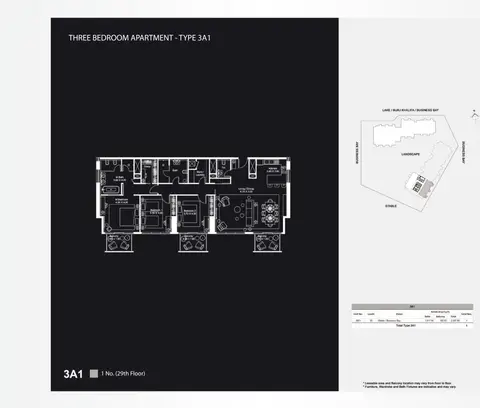 ذا أتريا الخليج التجاري: مخطط الطابق 3 Bedroom Apartments Type 3A1 - 2097, 2,097 sq ft