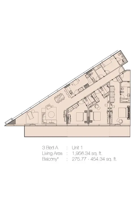 Marquise Square: Планировка 3 Bedroom A, Unit 1 - 1956.34 Sq.Ft., 1,956 sq ft