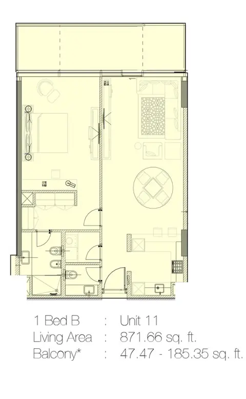 Marquise Square: Планировка 1 Bedroom B, Unit 11 - 871.66 Sq.Ft., 872 sq ft