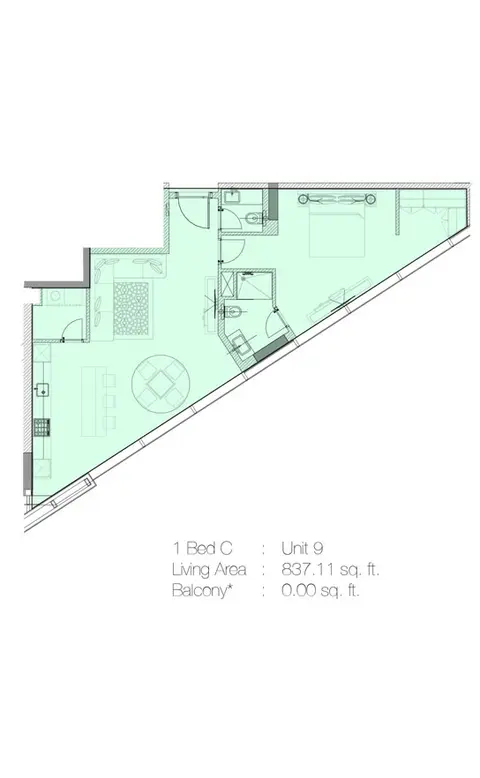 Marquise Square: Планировка 1 Bedroom C, Unit 9 - 837.11 Sq.Ft., 837 sq ft