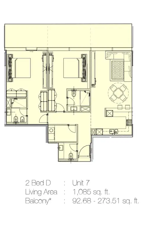 Marquise Square: Планировка 2 Bedroom D, Unit 7 - 1085 Sq.Ft., 1,085 sq ft