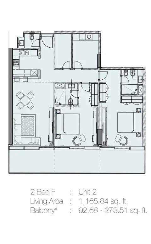 Marquise Square: Планировка 2 Bedroom F, Unit 2 - 1165.84 Sq.Ft., 1,166 sq ft