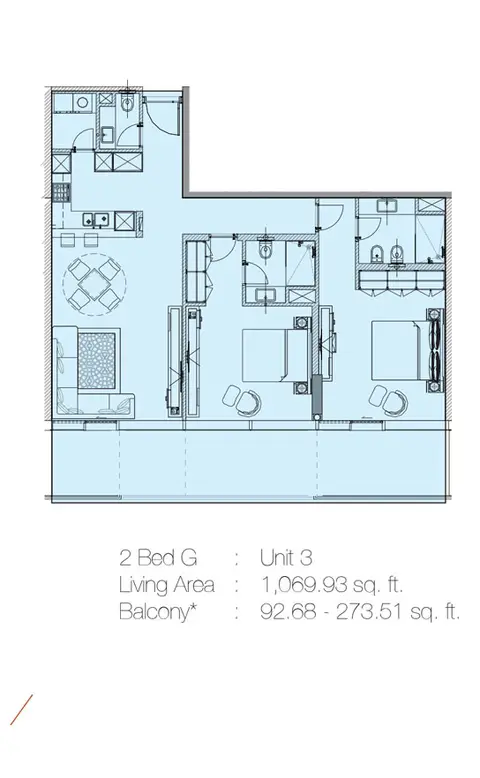 Marquise Square: Планировка 2 Bedroom G, Unit 3 - 1069.93 Sq.Ft., 1,070 sq ft