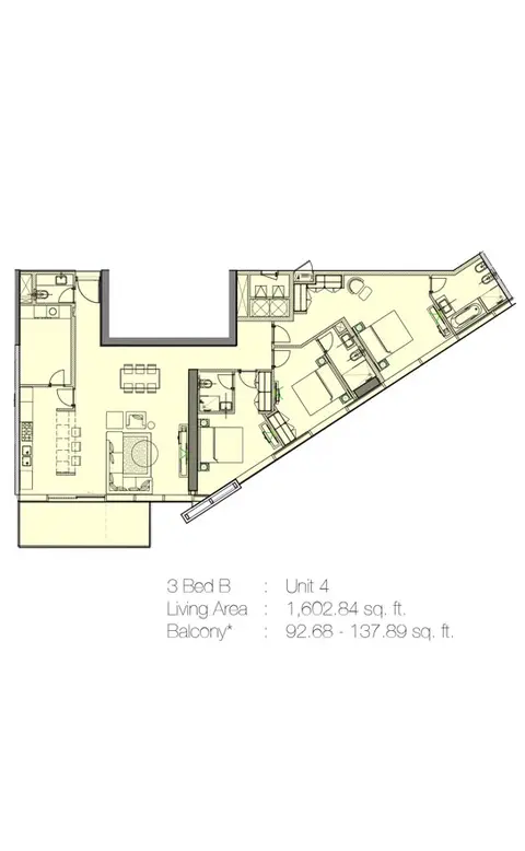 Marquise Square: Планировка 3 Bedroom B, Unit 4 - 1602.84 Sq.Ft., 1,603 sq ft