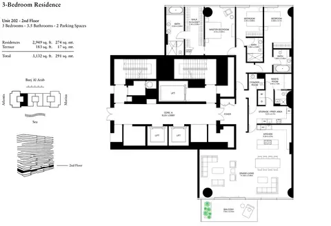 One Palm: Floor plan 3br-U-202-L2-S, 3,132 sq ft