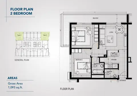 Kappa Acca 3: Floor plan 2 Bedroom Apartment, Size 1093 Sq Ft, 1,093 sq ft