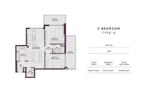 Dune Residency: Floor plan 2 Bedroom Type A, Size 1103 Sq Ft, 1,103 sq ft