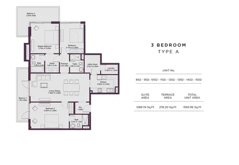 Dune Residency: Floor plan 3 Bedroom Type A, Size 1565 Sq Ft, 1,565 sq ft