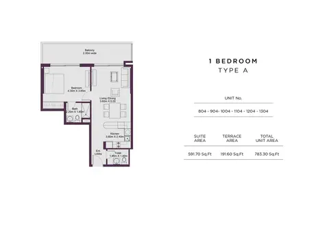 Dune Residency: Floor plan 1 Bedroom Type A, Size 783 Sq Ft, 783 sq ft