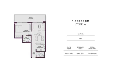 Dune Residency: Floor plan 1 Bedroom Type Type A, Unit 1503, Size 772 Sq Ft, 772 sq ft