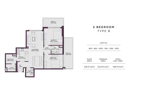 Dune Residency: Floor plan 2 Bedroom Type B, Size 1189 Sq Ft, 1,189 sq ft