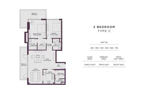 Dune Residency: Floor plan 2 Bedroom Type C, Size 1325 Sq Ft, 1,325 sq ft