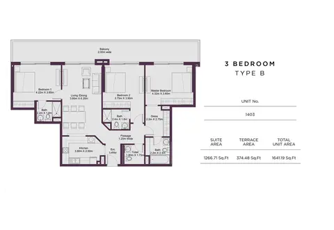 Dune Residency: Floor plan 3 Bedroom Type B, Size 1641 Sq Ft, 1,641 sq ft
