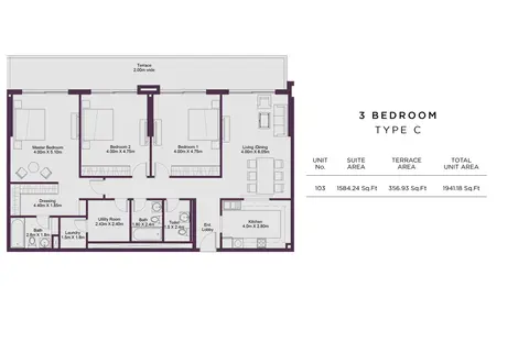 Dune Residency: Floor plan 3 Bedroom Type C, Size 1941 Sq Ft, 1,941 sq ft