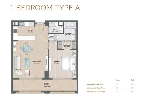 Alandalus: Floor plan 1-bed-type-A, 897 sq ft