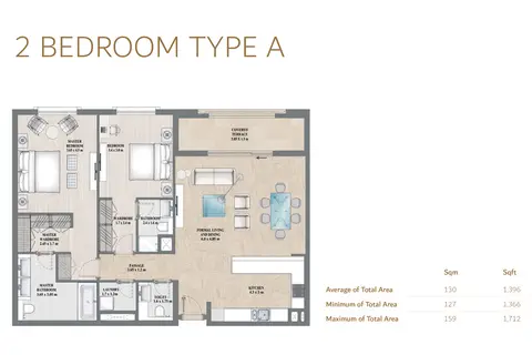 Alandalus: Floor plan 2-bed-type-A, 1,712 sq ft