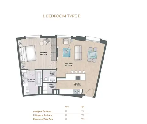 Alandalus: Floor plan 1-Bedroom, Type-B, Size-778 Sq.Ft, 778 sq ft