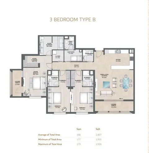 Alandalus: Floor plan 3 Bedroom Type B,Size 1206 Sq.ft, 1,206 sq ft