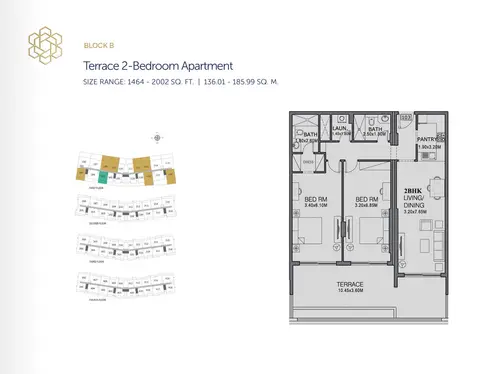 ذا وينجز: مخطط الطابق Terrace 2 Bedroom Apartment, Size 1464 Sq Ft, 1,464 sq ft