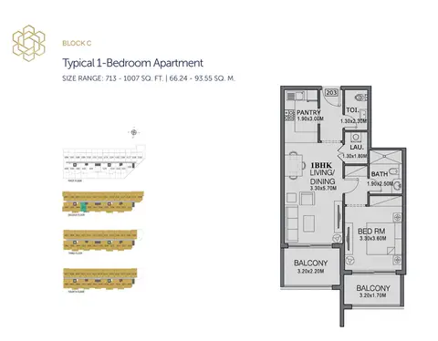 ذا وينجز: مخطط الطابق Typical 1 Bedroom Apartment, Size 713 Sq Ft, 713 sq ft