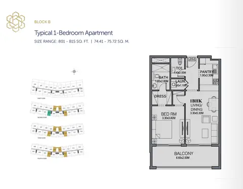 ذا وينجز: مخطط الطابق Typical 1 Bedroom Apartment, Size 801 Sq Ft, 801 sq ft