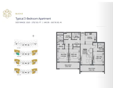 ذا وينجز: مخطط الطابق Typical 3 Bedroom Apartment, Size 1510 Sq Ft, 1,510 sq ft