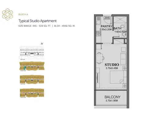 ذا وينجز: مخطط الطابق Typical Stuido Apartment, Size 445 Sq Ft, 445 sq ft