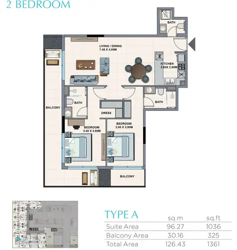 La Riviera Azure: Floor plan Type A, 1,361 sq ft
