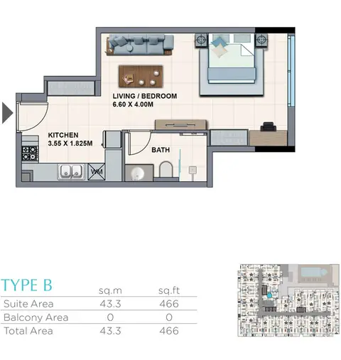 La Riviera Azure: Floor plan Type B, 466 sq ft