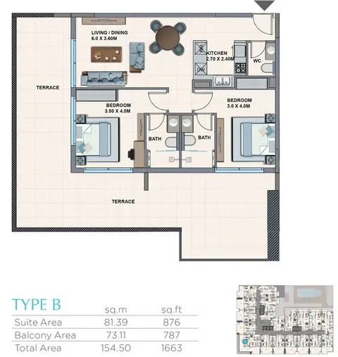La Riviera Azure: Floor plan Type B, 1,663 sq ft