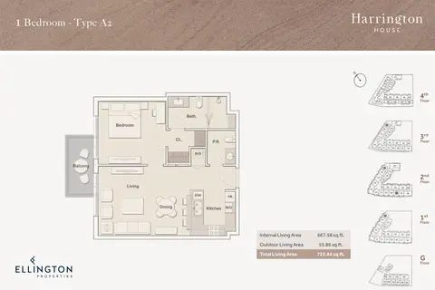 Harrington House: Floor plan Type A2, 723 sq ft