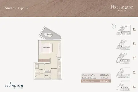 Harrington House: Floor plan Type B, 382 sq ft