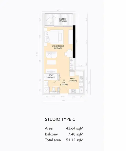 Imperial Residence Dubai: फ़्लोर प्लान Type C, 51 sq ft