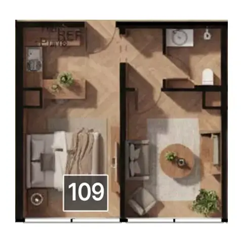 Magnolia: Floor plan Type 1, 490 sq ft