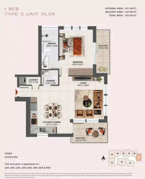 Sunvale: Floor plan Type 3, 733 sq ft