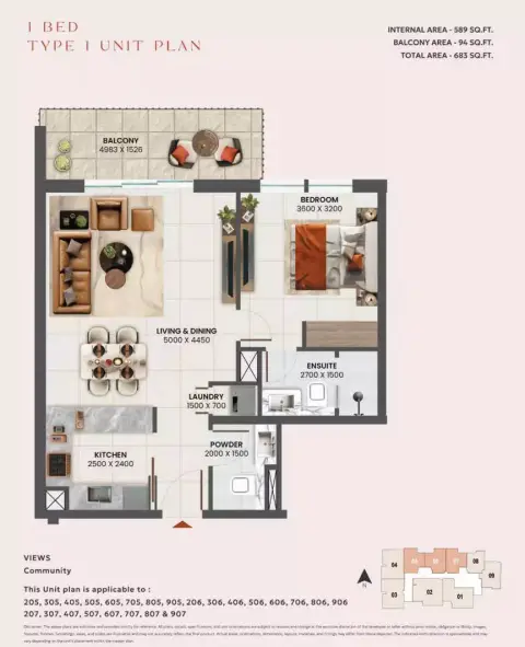 Sunvale: Floor plan Type 1, 683 sq ft